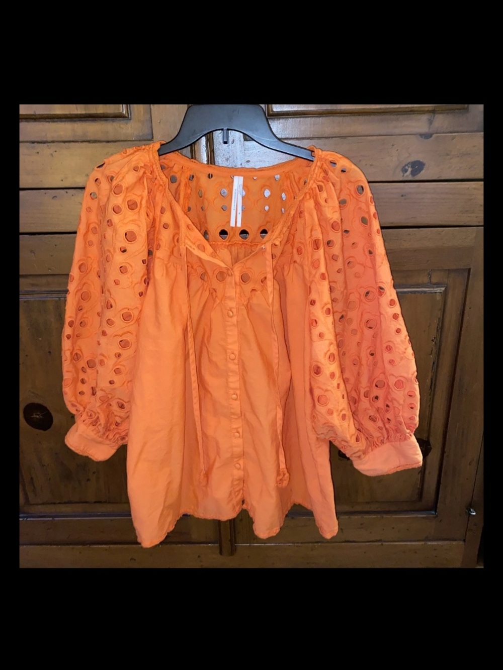 Anthropologie Chantal Eyelet Puff Sleeve Button Front Blouse Top-Orange-Size XL